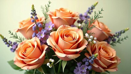 Fototapeta premium Elegant Bouquet of Peach Roses with Mixed Floral Arrangement and Soft Green Background