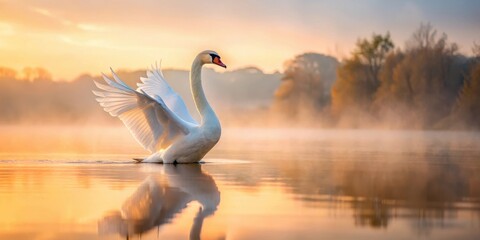 Fototapeta premium Mute swan stretches on misty lake at dawn, swan, serene landscape, swan,serene landscape, mist