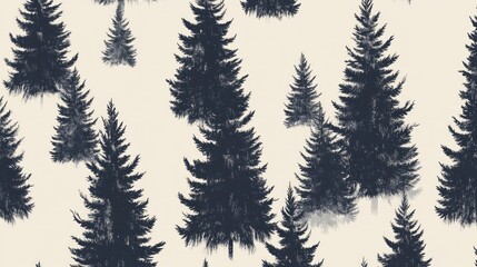 Fototapeta premium Seamless pattern of dark blue evergreen trees on a cream background.