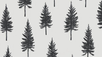 Obraz premium Seamless pattern of dark gray hand-drawn pine trees on a light gray background.