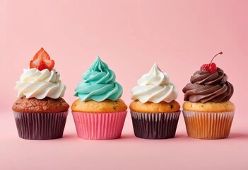 A set of cupcakes with different flavors and toppings on a pink background