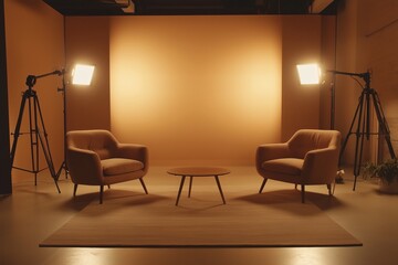 Cozy minimalist studio. Empty studio without people. Studio for podcasts or interviews. Stylish studio. Two comfortable armchairs with lighting and a coffee table