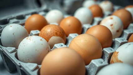Close-up Gray Egg Carton with Brown & White Eggs - High Definition Food Photography