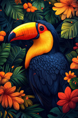 A vibrant and detailed illustration of a toucan perched amidst lush tropical foliage and colorful hibiscus flowers.