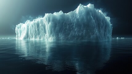 Massive iceberg floats, dark ocean reflects.