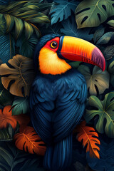 A vibrant and detailed illustration of a toucan perched amidst lush tropical foliage and colorful hibiscus flowers.