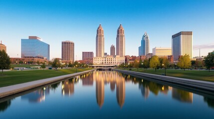 Naklejka premium Sunrise Skyline Reflection, City Park Canal