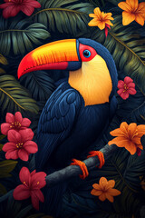 A vibrant and detailed illustration of a toucan perched amidst lush tropical foliage and colorful hibiscus flowers.
