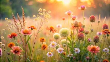 Fototapeta premium Delicate clusters of colorful wildflowers with soft peach and mint hues nestled among the tall grasses in a sunny field, wildflowers, meadow scene