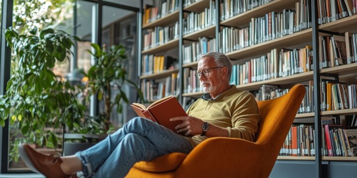 An older man relaxes in a cozy orange chair while reading a book in a stylish library. Surrounding him are shelves filled with books and plants. This warm atmosphere evokes a love for reading. AI