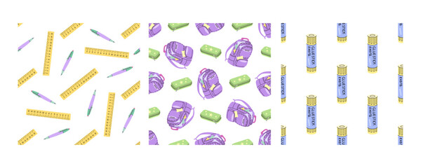 Seamless school patterns with rulers, backpacks, and glue sticks in flat doodle style