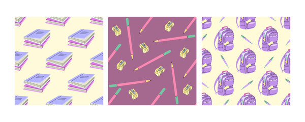 Seamless school patterns with books, pencils, and backpacks in flat doodle style