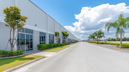 A wide shot of a modern industrial building with palm trees lining a clear road under a bright blue sky with fluffy clouds.
