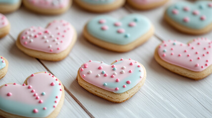 Beautifully decorated heart-shaped cookies with pastel colors on a white wooden surface