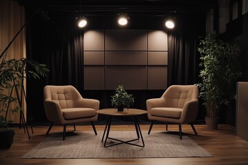 Fototapeta premium Cozy minimalist studio. Empty studio without people. Studio for podcasts or interviews. Stylish studio. Two comfortable armchairs with lighting and a coffee table