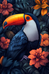 A vibrant and detailed illustration of a toucan perched amidst lush tropical foliage and colorful hibiscus flowers.