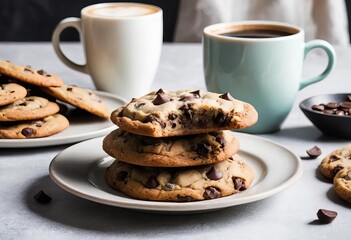 A plate of freshly baked chocolate chip cookies with a cup of coffee next to it