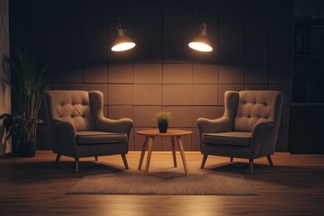 Cozy minimalist studio. Empty studio without people. Studio for podcasts or interviews. Stylish studio. Two comfortable armchairs with lighting and a coffee table