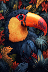 A vibrant and detailed illustration of a toucan perched amidst lush tropical foliage and colorful hibiscus flowers.