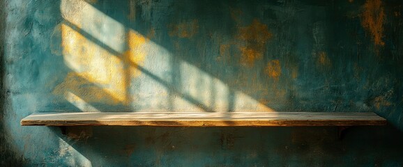 Naklejka premium Rustic Wooden Shelf Against a Textured Wall with Sunlight Streaming Through a Window