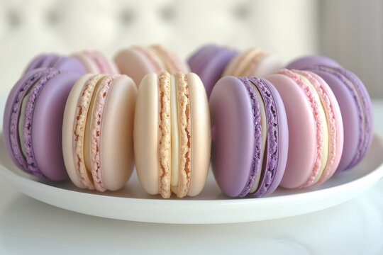 Paster colored macaroons on a ceramic plate plate for an afternoon tea gathering, cozy coffee time. Lavender macarons in pastel shades on a plate