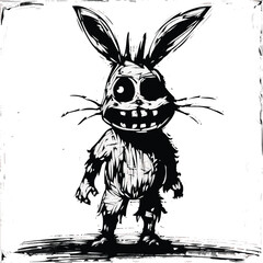 Creepy stitched bunny with dark eyes in a black-and-white style.