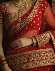 Traditional Indian saree with gold border close-up