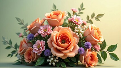 Elegant Bouquet of Peach Roses with Mixed Floral Arrangement and Soft Green Background