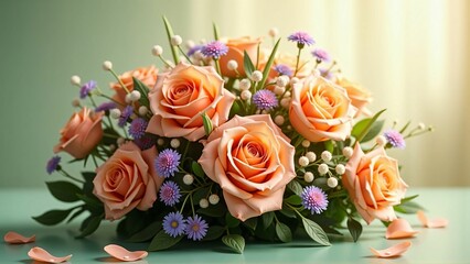 Elegant Bouquet of Peach Roses with Mixed Floral Arrangement and Soft Green Background