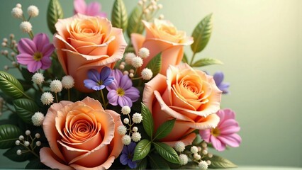 Fototapeta premium Elegant Bouquet of Peach Roses with Mixed Floral Arrangement and Soft Green Background