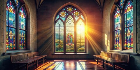Obraz premium Soft sunlight filtering through a stained glass window in an old church, stained glass, interior