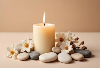 A vanilla-scented candle surrounded by stones and dried flowers on a beige background