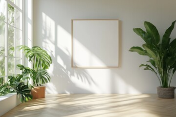 empty white canvas on a wall in a bright gallery space with minimalist design concept of modern art exhibition 3d rendering mock up