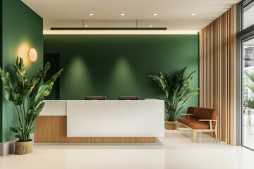 Green walls paired with white counters and wooden accents in a minimalist reception area, providing a refreshing, modern design