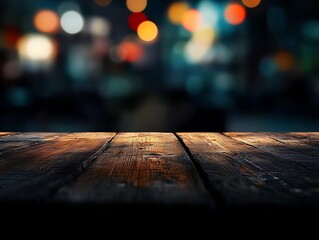 Wooden table, blurred bokeh background background. Neon light, night view, close-up. The general background of the interior, a dark background.