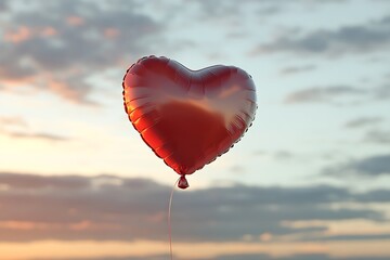 Fototapeta premium Red Heart Balloon Floating at Sunset Sky – Romantic Valentine’s Day Concept, Love and Freedom Symbol, Scenic Outdoor Background for Wedding, Anniversary, Greeting Card or Holiday Design