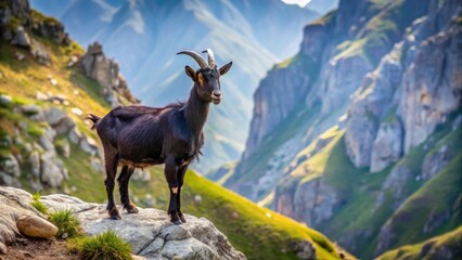 Obraz premium Black goat standing alone on a mountain slope with rugged terrain and rocks in the background, nature