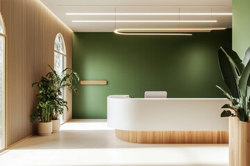 Fototapeta premium Green walls paired with white counters and wooden accents in a minimalist reception area, providing a refreshing, modern design