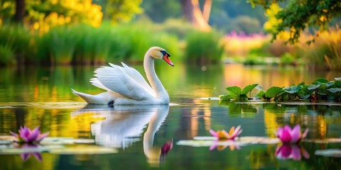 A majestic swan glides effortlessly across a serene lake, surrounded by lush greenery and vibrant water lilies, reflecting perfectly in the calm waters , nature, aquatic life
