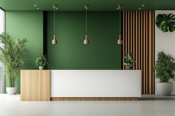 Green walls paired with white counters and wooden accents in a minimalist reception area, providing a refreshing, modern design