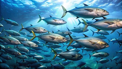 School of tuna fishes swimming together in the open ocean, ocean creatures, school,  ocean creatures, school