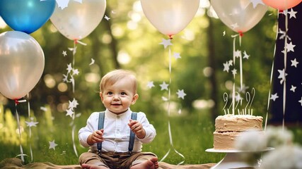 boy with balloons cake nature background first birthday