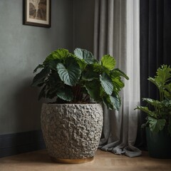 A large ornamental Begonia in a textured stone pot placed at the corner of a chic living room, next to a velvet green armchair.