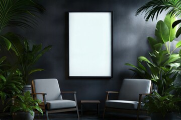 Empty frame poster mockup in a minimalist interior dark living room with armchairs and potted plants	