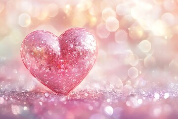 Obraz premium Sparkling Pink Heart on a Glittery Background for Valentine's Day, Pink hearts for valentines day. Background with shining lights, sparkling and glittering. Romantic bokeh effects. 