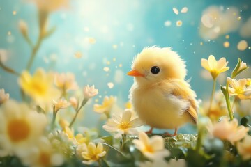 Cute yellow chick exploring spring flowers in magical garden