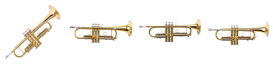 Obraz premium Elegant golden brass trumpet musical instruments set up in a music studio ready for a classical jazz or orchestra performance