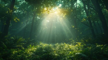 Fototapeta premium Sunbeams illuminate misty, green forest floor.