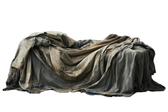 Artistic representation of a draped sculpture covered with layers of fabric and dirt, showcasing texture and form in a striking manner
