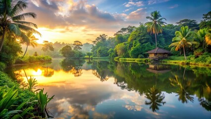 Obraz premium Reflections of serene lake waters in the Bali Indonesian landscape at sunrise with surrounding lush greenery and tropical trees, outdoor scene, tranquil